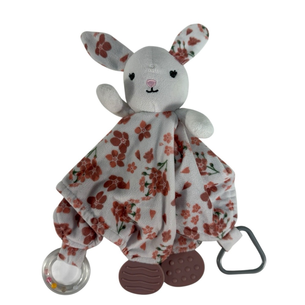 Modern Baby Snuggle Blankie Bunny Teether Rattle White Floral Rose Lovey Plush